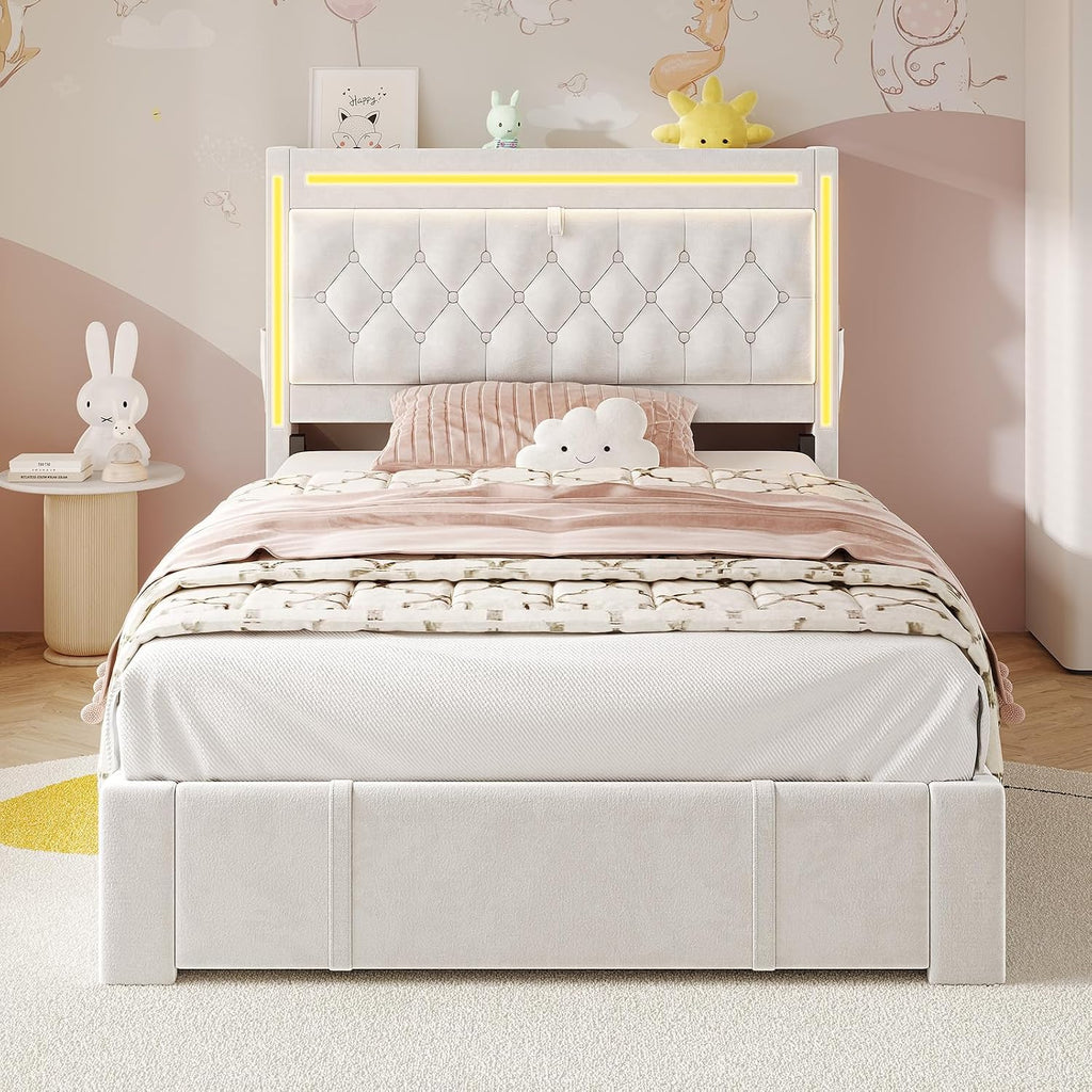 HAUOMS Twin Bed Frame with Storage Headboard & 3 XL Drawers, Power Outlet Type-C/A, Velvet Upholstered Princess Girls Bed Twin Size, No Box Spring Needed, Creamy White