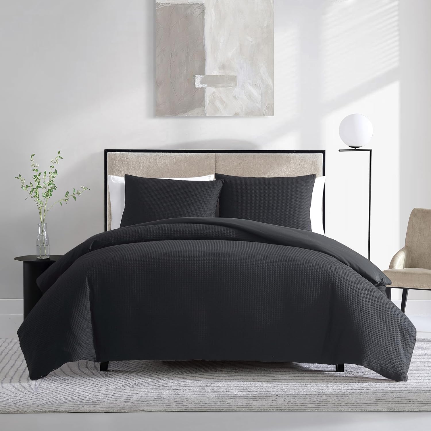 Vera Wang - Queen Comforter Set, Luxury Cotton Bedding Set with Matching Shams, Chic Room Essentials (Waffle Pique Black, Queen)