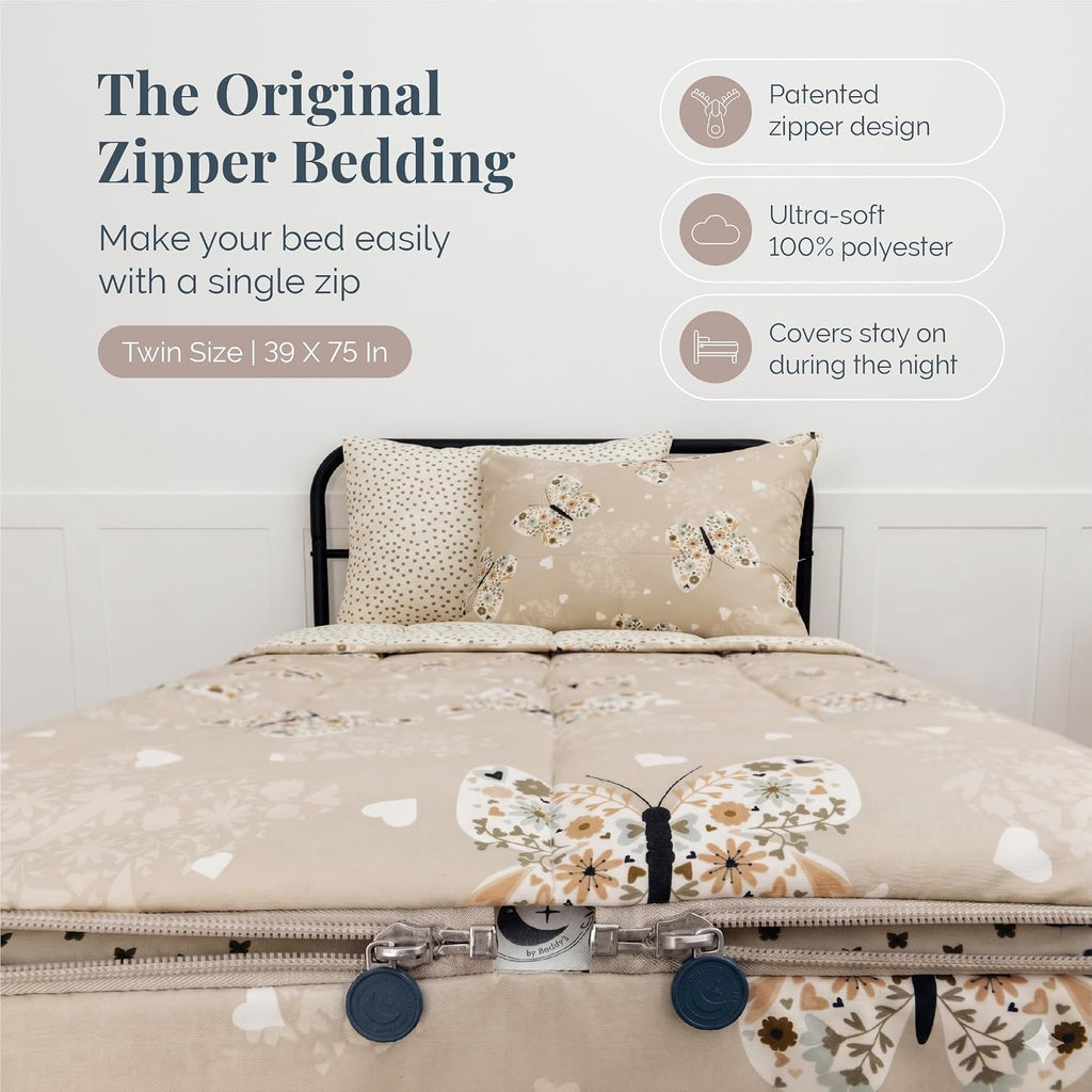 Beddy's Butterfly Themed Durable Zipper Bedding for Kids - Bed in a Bag - Beige Sheets & Comforter with Butterflies, Hearts & Floral Design - Includes Pillowcase & Sham - Easy to Make & Wash - Twin