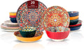 Homevss Boho 20 Pieces Dinnerware Sets, Plates and Bowls Set, Dishes Set for 4, Microwave and Dishwasher Safe, Scratch Resistant, Bohemian Style Dining Ware, Mixed Blue, Green, Orange and Red