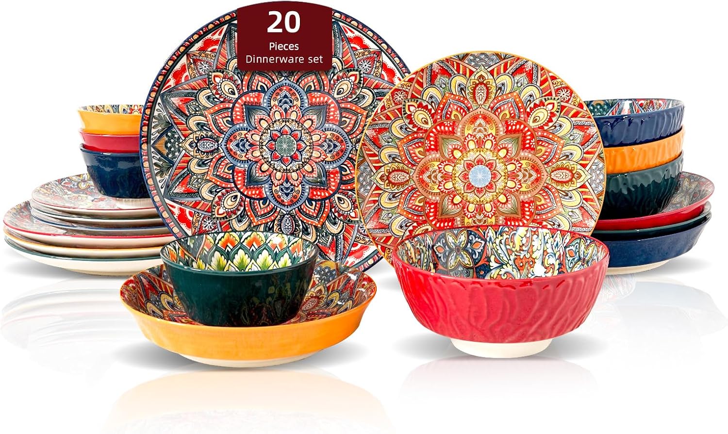 Homevss Boho 20 Pieces Dinnerware Sets, Plates and Bowls Set, Dishes Set for 4, Microwave and Dishwasher Safe, Scratch Resistant, Bohemian Style Dining Ware, Mixed Blue, Green, Orange and Red