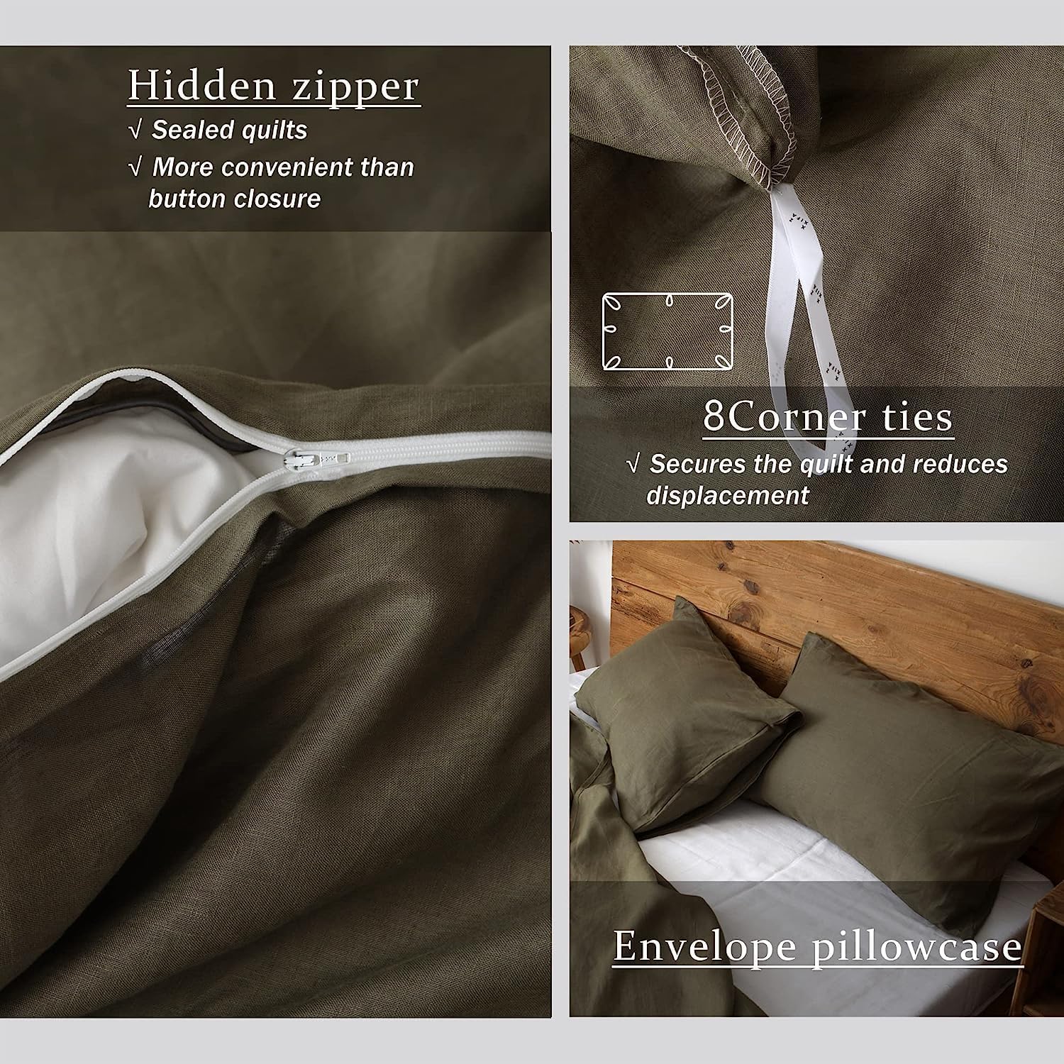 XZ XIFA Olive Green Linen Duvet Cover Full, 100% Washed French Flax Linen Bedding Set with Zipper Closure, Cooling & Textured Bed Sets for Hot Sleepers(1 Duvet Cover, 2 Pillowcases)