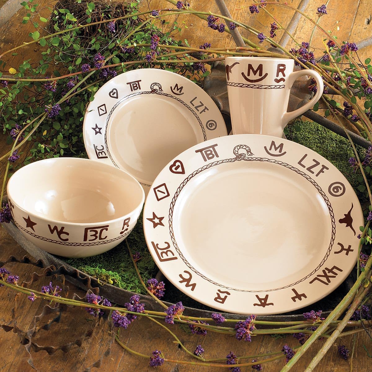 Black Forest Decor Cattle Branded Dinnerware Set - Rustic 16-Piece Stoneware for Ranch & Western Dining