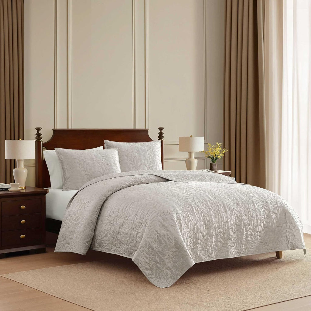 Martha Stewart - King Size Quilt Set, Soft & Smooth Sateen Bedding with a Light and Breathable Feel, 3 Piece Bed Set with Matching Pillowcases (Fern Embroidery Grey)