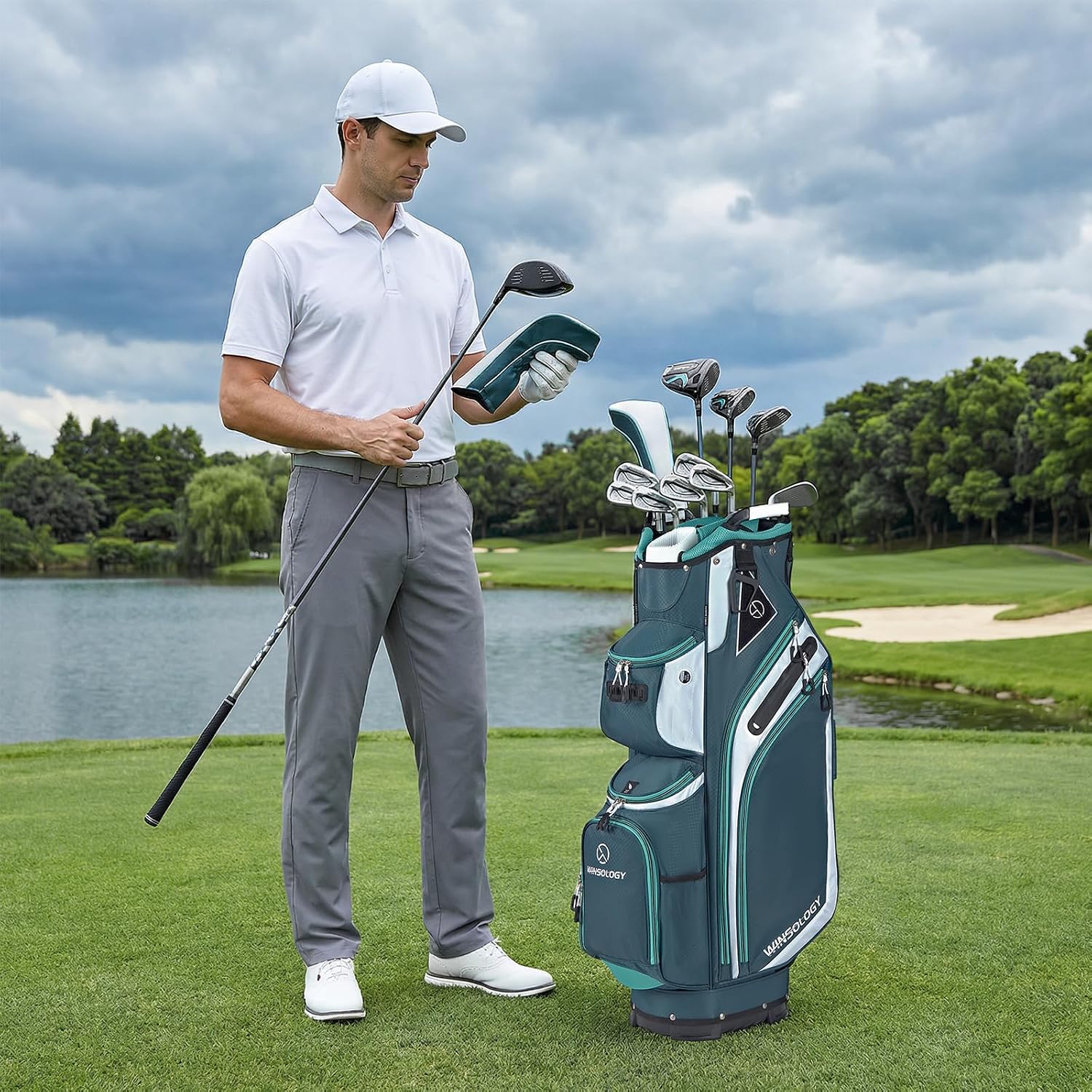 Max Lightweight Golf Cart Bag with Dual Handles and 14 Way Individual Full Length Dividers, Golf Club Bag with 11 Pockets, Large Putter Well, Double Strap Cooler for Men & Women