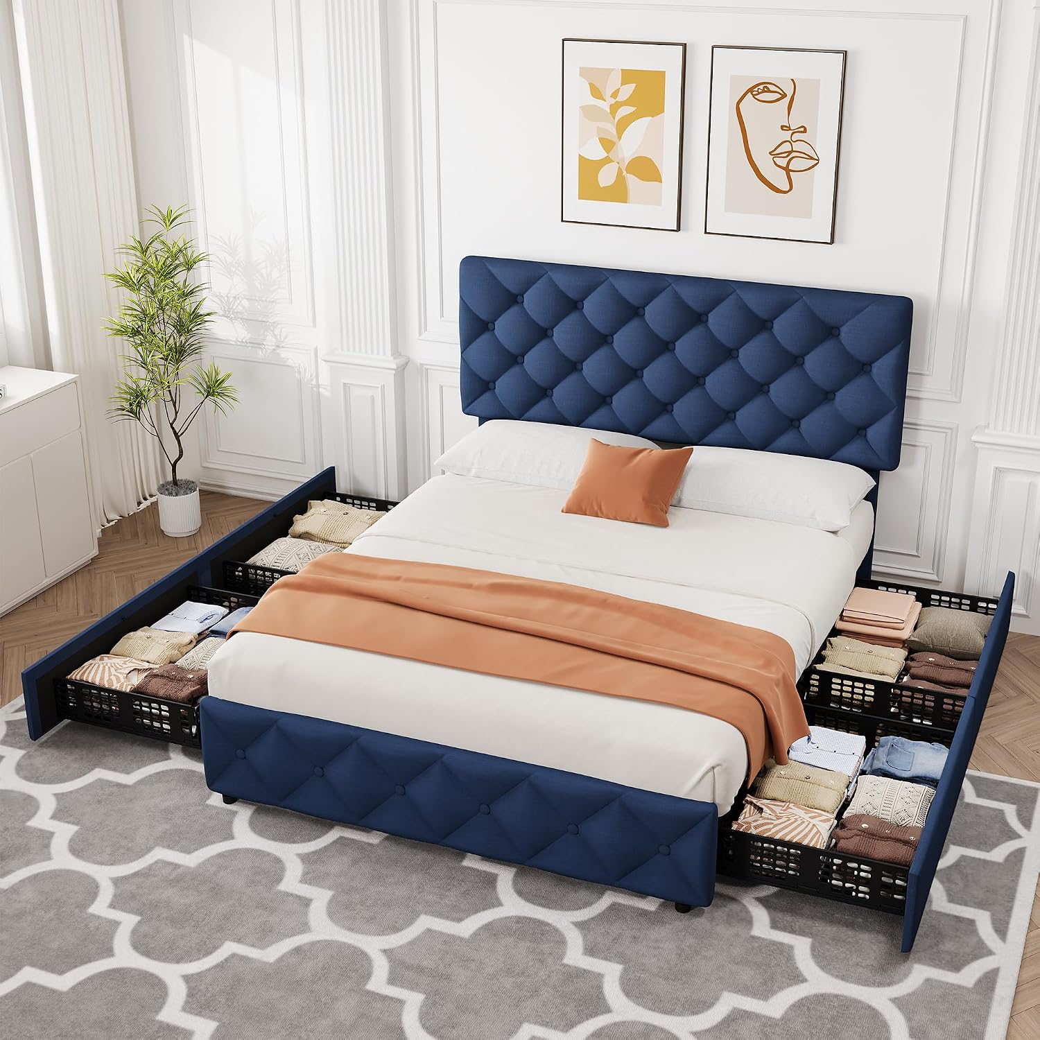 IDEALHOUSE Queen Size Bed Frame with 4 Storage Drawers and Adjustable Headboard, Linen Upholstered Platform Beds, Diamond Stitched Button Tufted, No Box Spring Needed, Blue