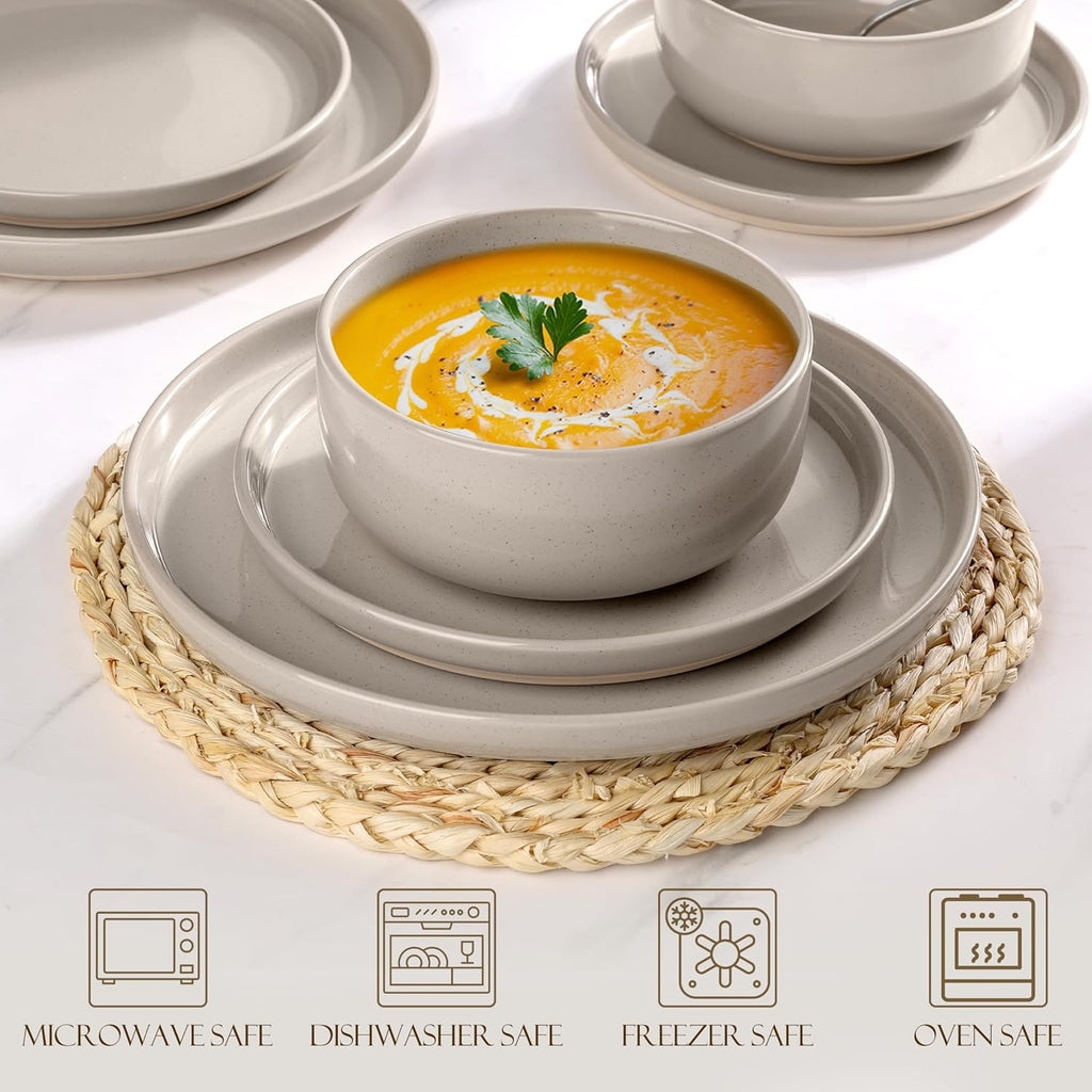 LIANYU Dinnerware Dishes Sets for 8, 24-Piece Stoneware Dinner Set, Ceramic Dining Bowls and Plates Crafted at 2400℉, Scratch Resistant, Microwave & Dishwasher Safe, Milky Brown