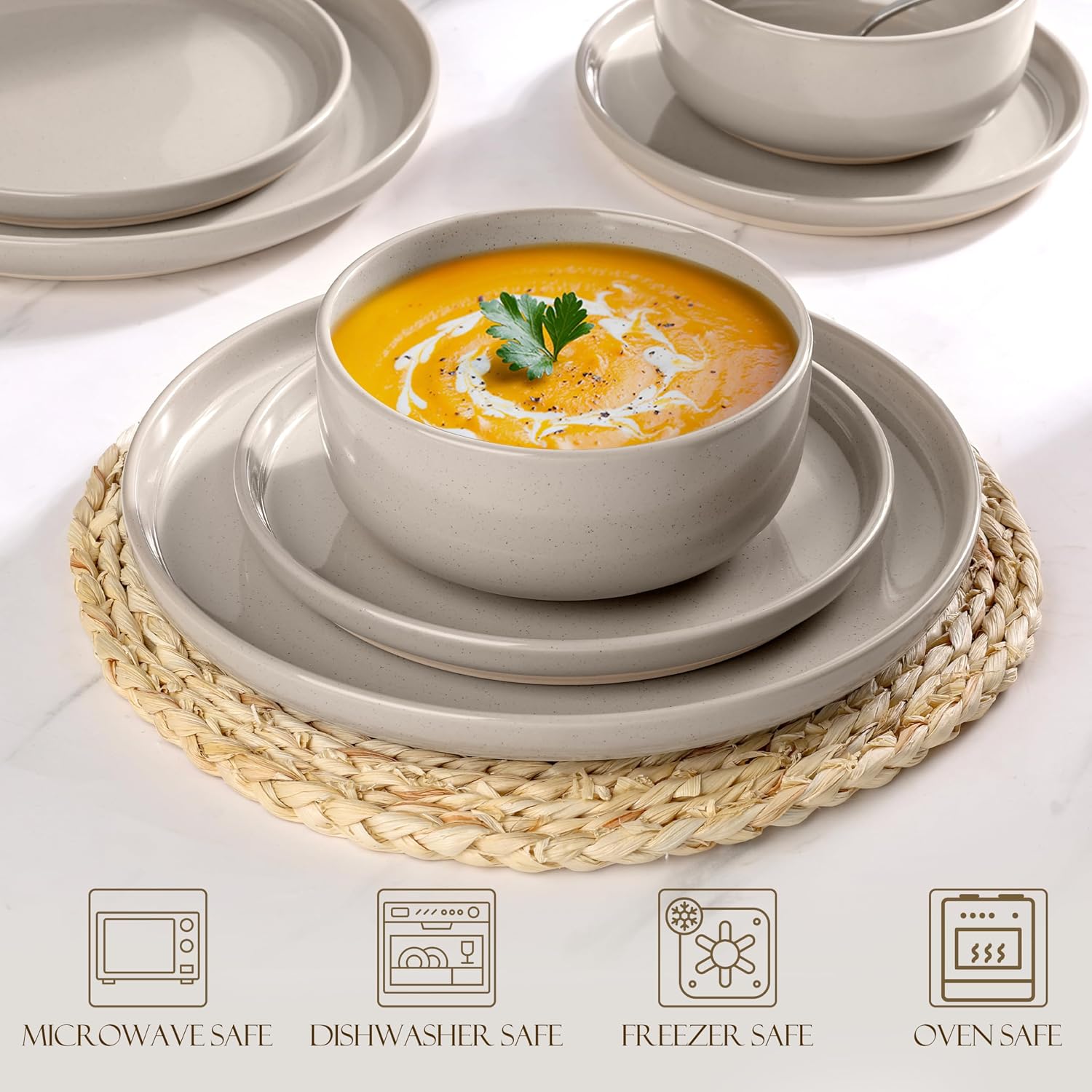 LIANYU Dinnerware Dishes Sets for 8, 24-Piece Stoneware Dinner Set, Ceramic Dining Bowls and Plates Crafted at 2400℉, Scratch Resistant, Microwave & Dishwasher Safe, Milky Brown