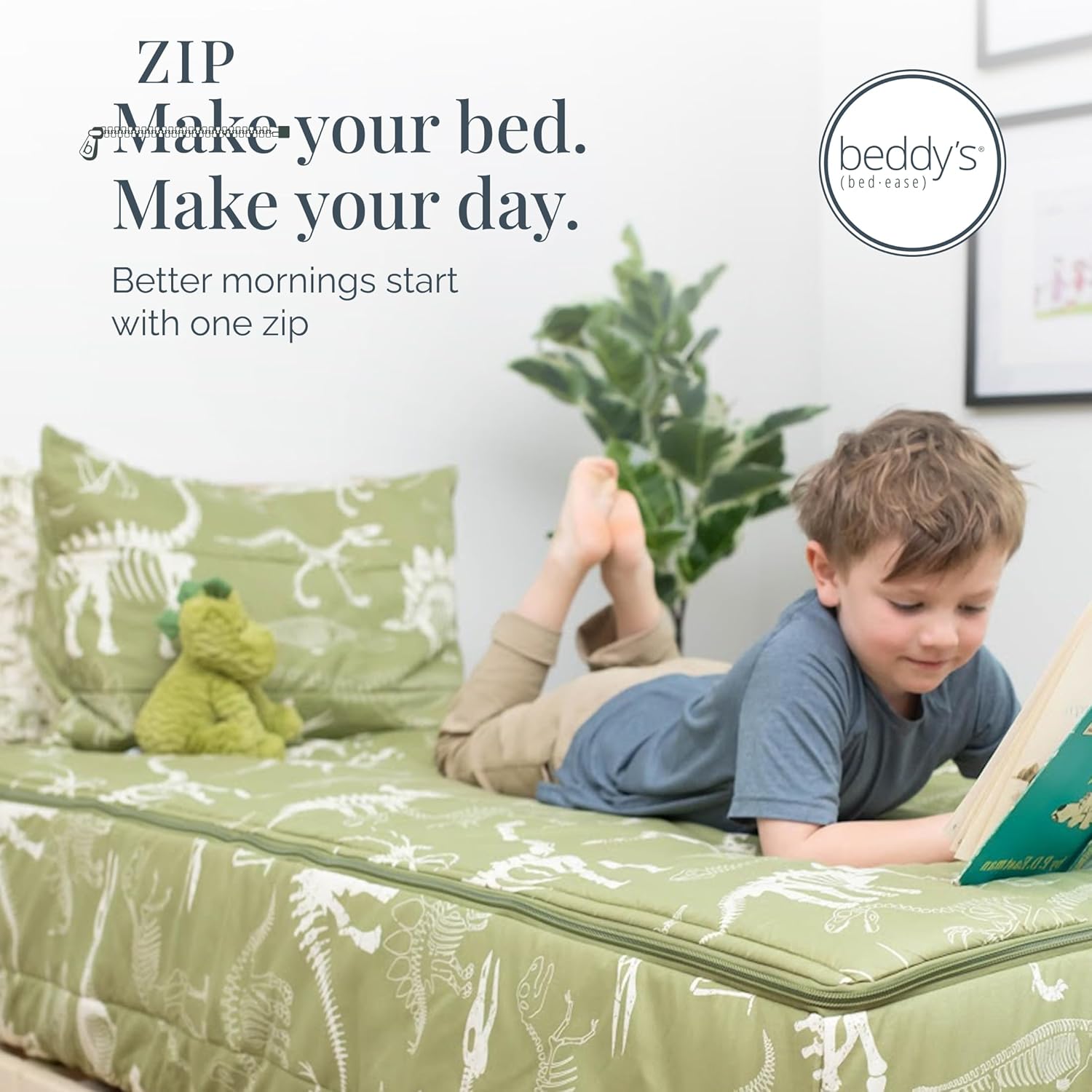 Beddy's Dinosaur T-Rex Durable Zipper Bedding for Kids - Green Sheets & Comforter with Dino Fossils - Includes 2 Pillowcases & 2 Shams - Easy to Make & Wash- Full