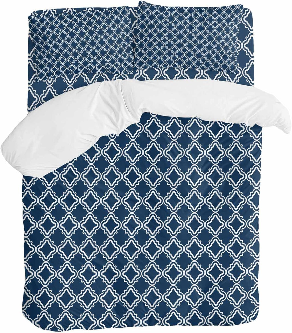 Prime Leader Blue White Plaid Duvet Cover Set Queen Size 4 Pieces Abstract Blue Morocco Texture Bedding Set with Zipper Closure, 1 Comforter Cover 90x92 Inches 1 Flat Sheet & 2 Pillow Cases