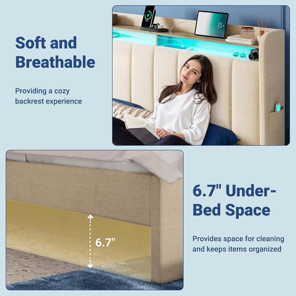 Allewie King Size Bed Frame with 2-Tier LED Storage Headboard, Upholstered King Platform Bed Frame with 2 Storage Drawers, USB & Type-C Charging Ports, Noise-Free/No Box Spring Needed, Beige