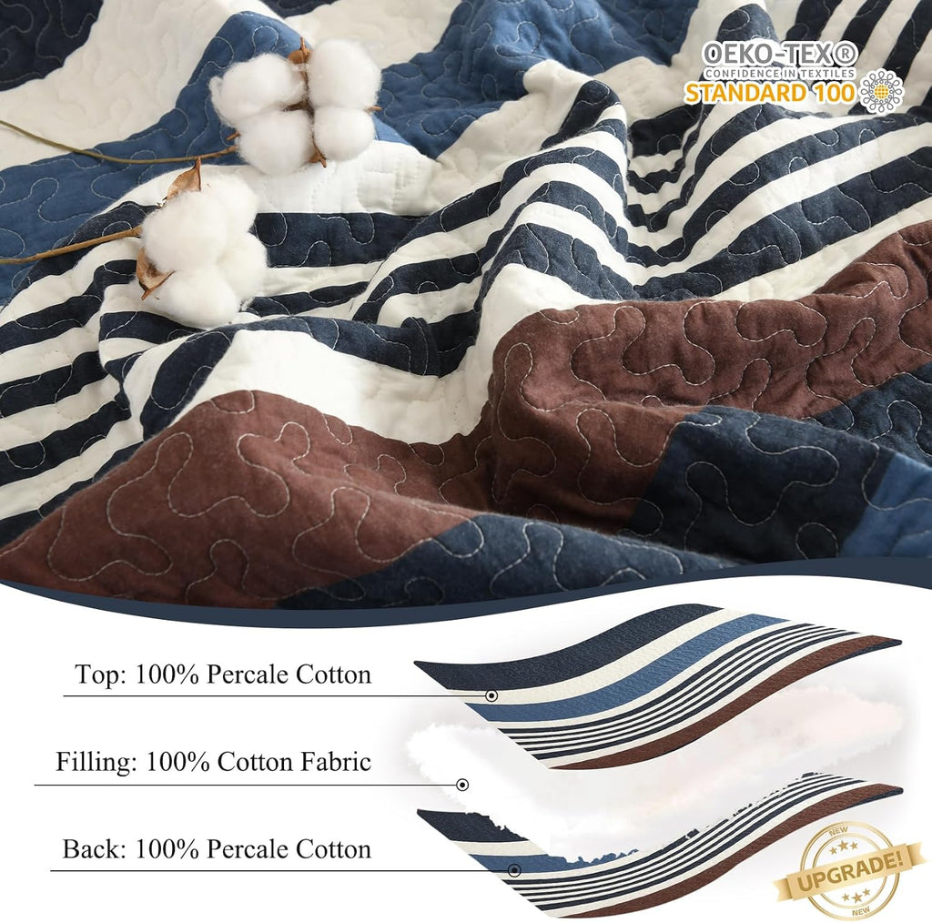 Quilts Queen Size - Blue Quilt Set with Matching Shams, Modern Striped Design Bedding Bedspread, 3 Pieces 100% Cotton Lightweight Coverlet Home Decor for All Season, Brown/Cream