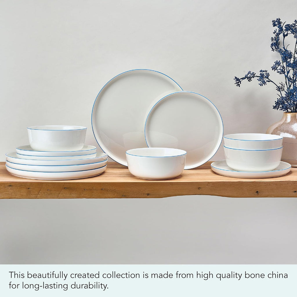 Mikasa Samantha 12 Piece Bone China Dinnerware Set, Service for 4, Flat Plates and Bowl with Blue Rim, Chip-Resistant, Lightweight, Elegant and Durable, White