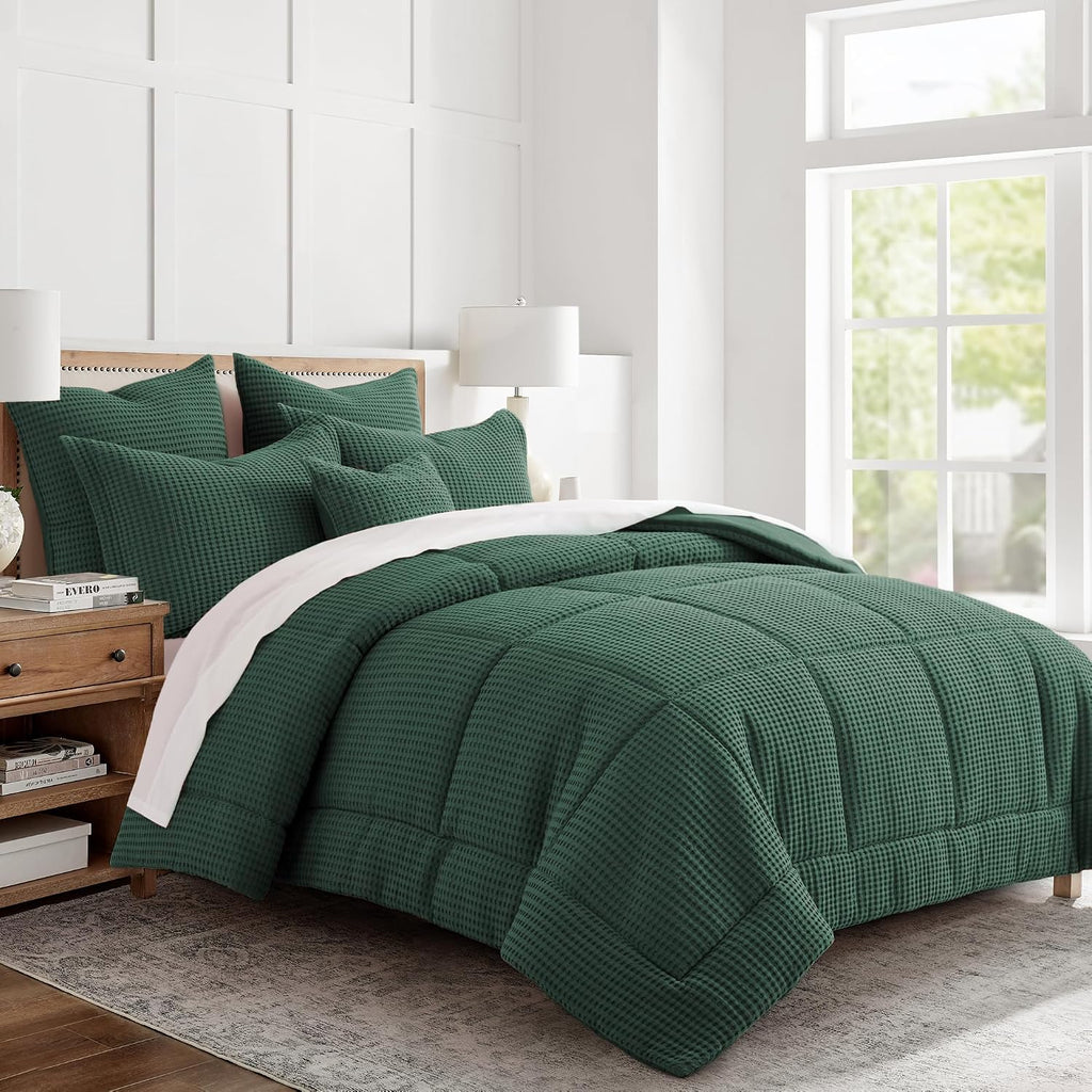 Levtex Home Mills Waffle Full/Queen Comforter Set (90x94in) with 2 Pillow Shams (26x20in) - Forest Green - 100% Cotton Full/Queen Size Comforter Set - Soft, Pre-Washed