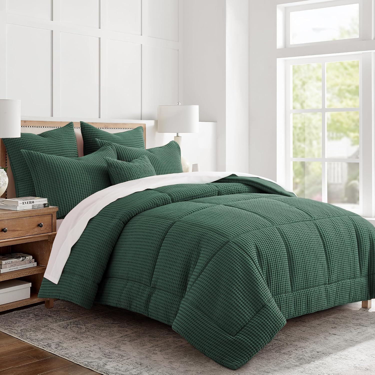 Levtex Home Mills Waffle Full/Queen Comforter Set (90x94in) with 2 Pillow Shams (26x20in) - Forest Green - 100% Cotton Full/Queen Size Comforter Set - Soft, Pre-Washed