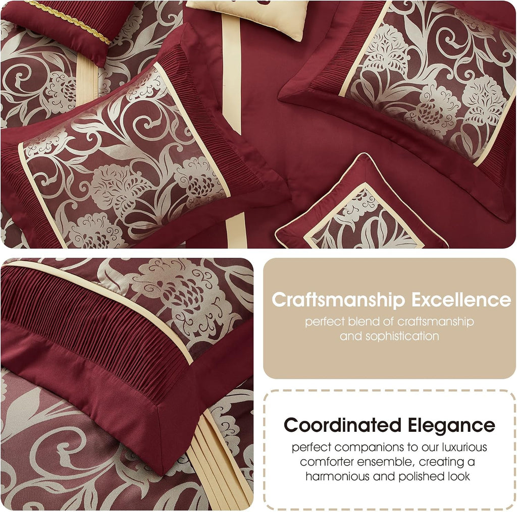 Grand Avenue Black and Red Comforter Set California King Size, 7 Piece Jacquard Floral Bedding Set, All Season, Ultra-Soft, Matching Pillows & Shams, Bed Skirt