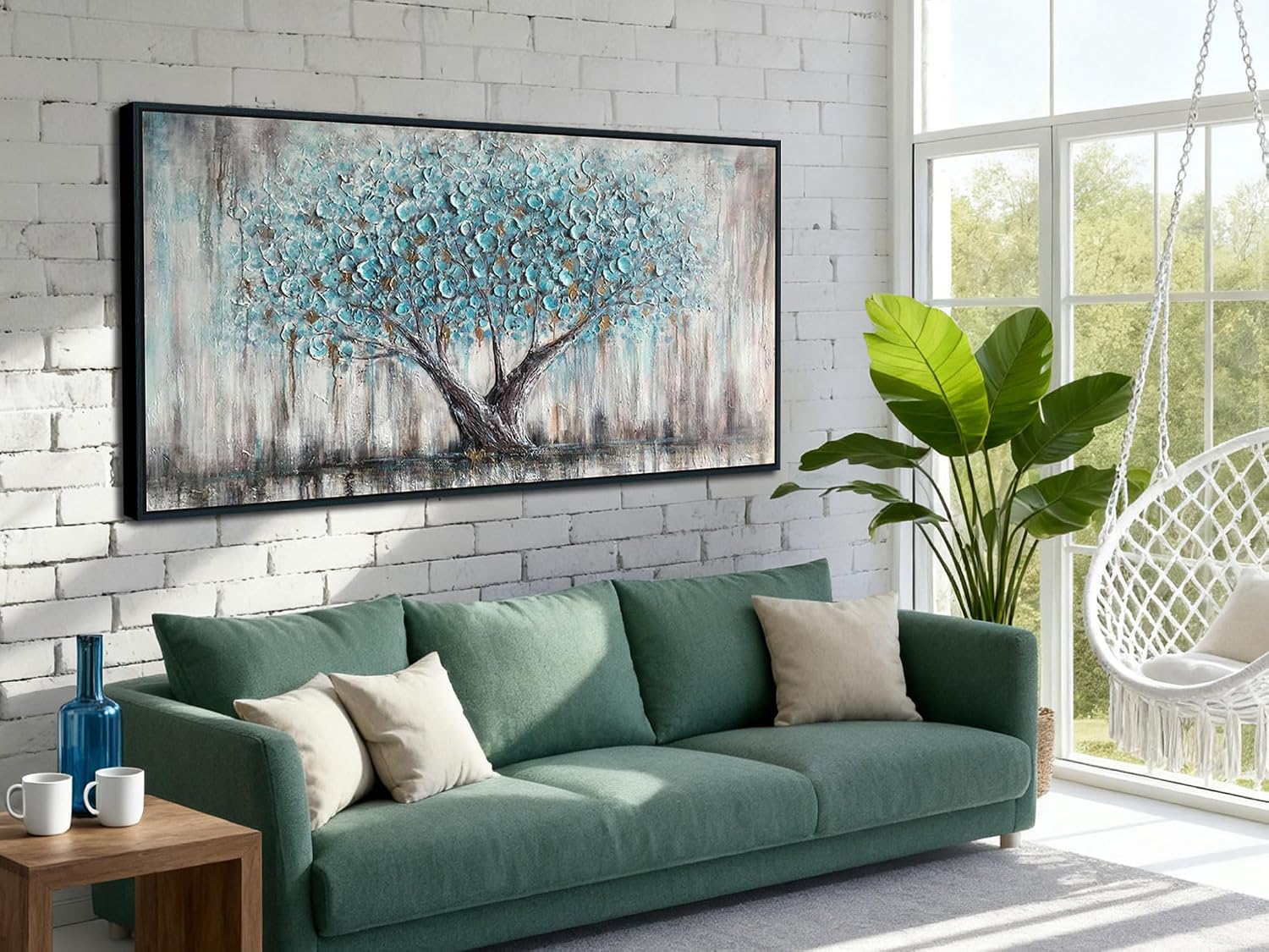 Arjun Framed Blue Tree Extra Large Canvas Wall Art for Living Room Tree of Life Abstract Bedroom Textured Painting, Nature Picture Panoramic Landscape Artwork Home Office Decor, Black Wood 58'x29'
