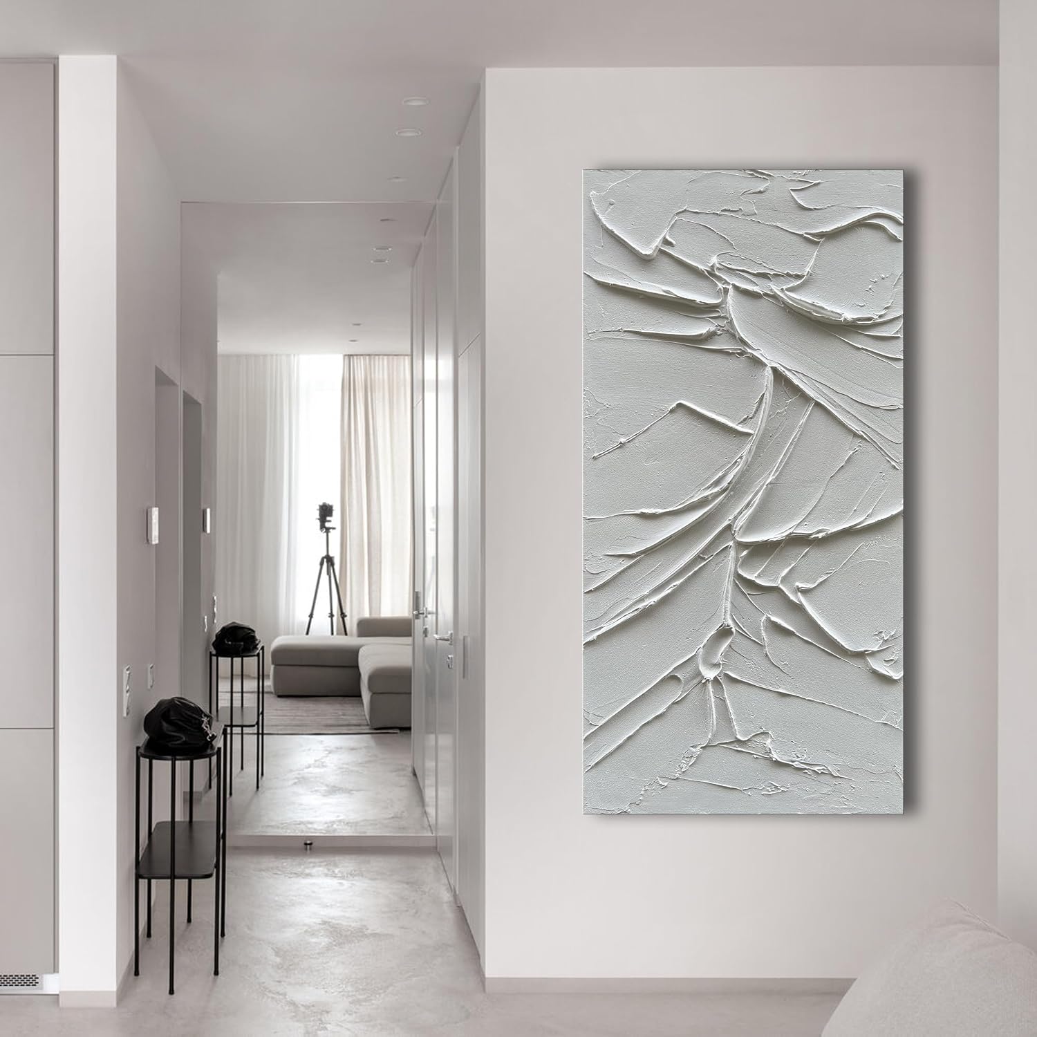 NANKAI Art Hand Painted White Canvas Wall Art 60x30 inch Large Abstract Modern Oil Painting Contemporary Textured Wall Art Minimalist Art Home Decor