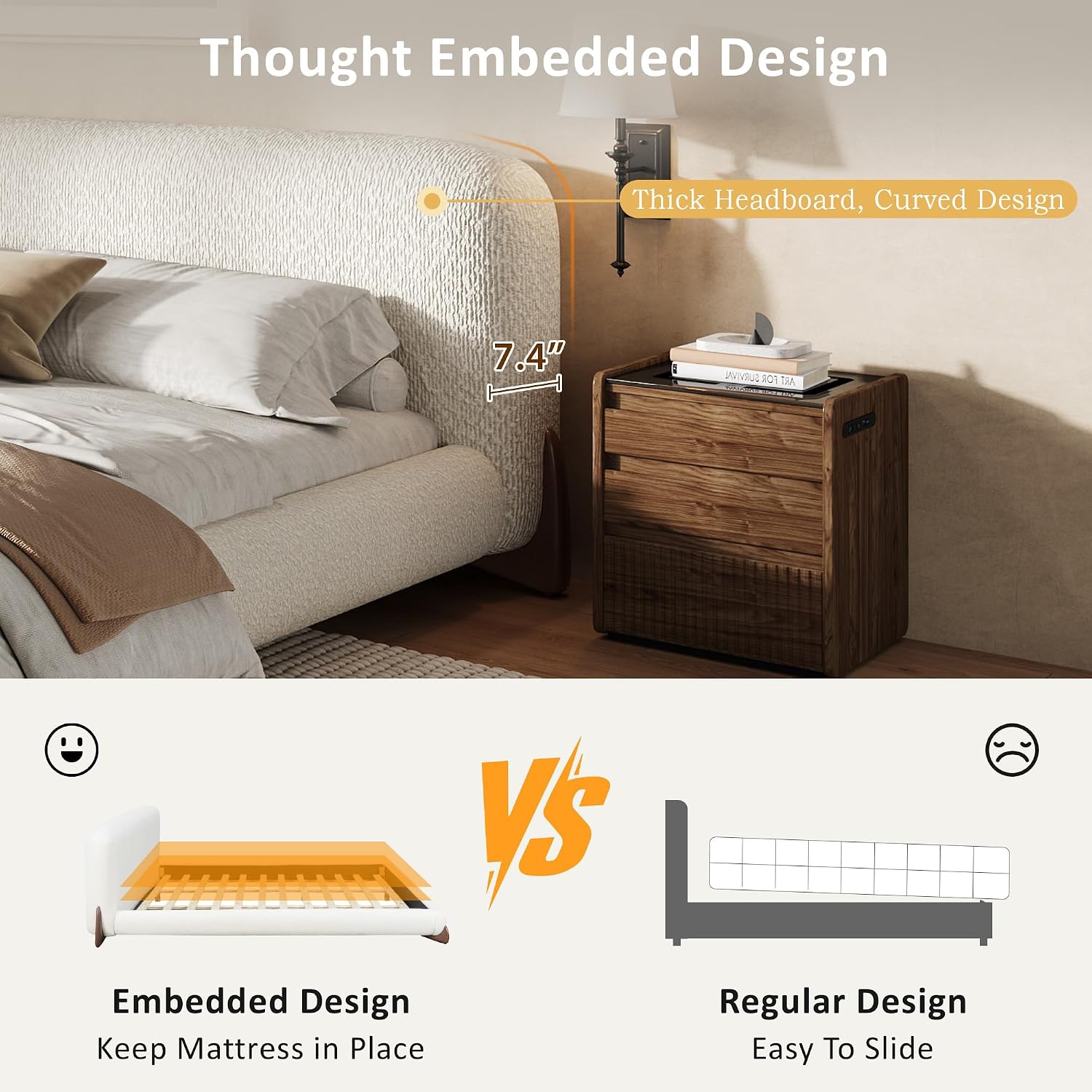 Christopher Knight Home Salden California King Size Bed Frame with Headboard, Boucle Upholstered California King Bed Frame and Headboard, Wooden Slat Support, No Box Spring Needed, White