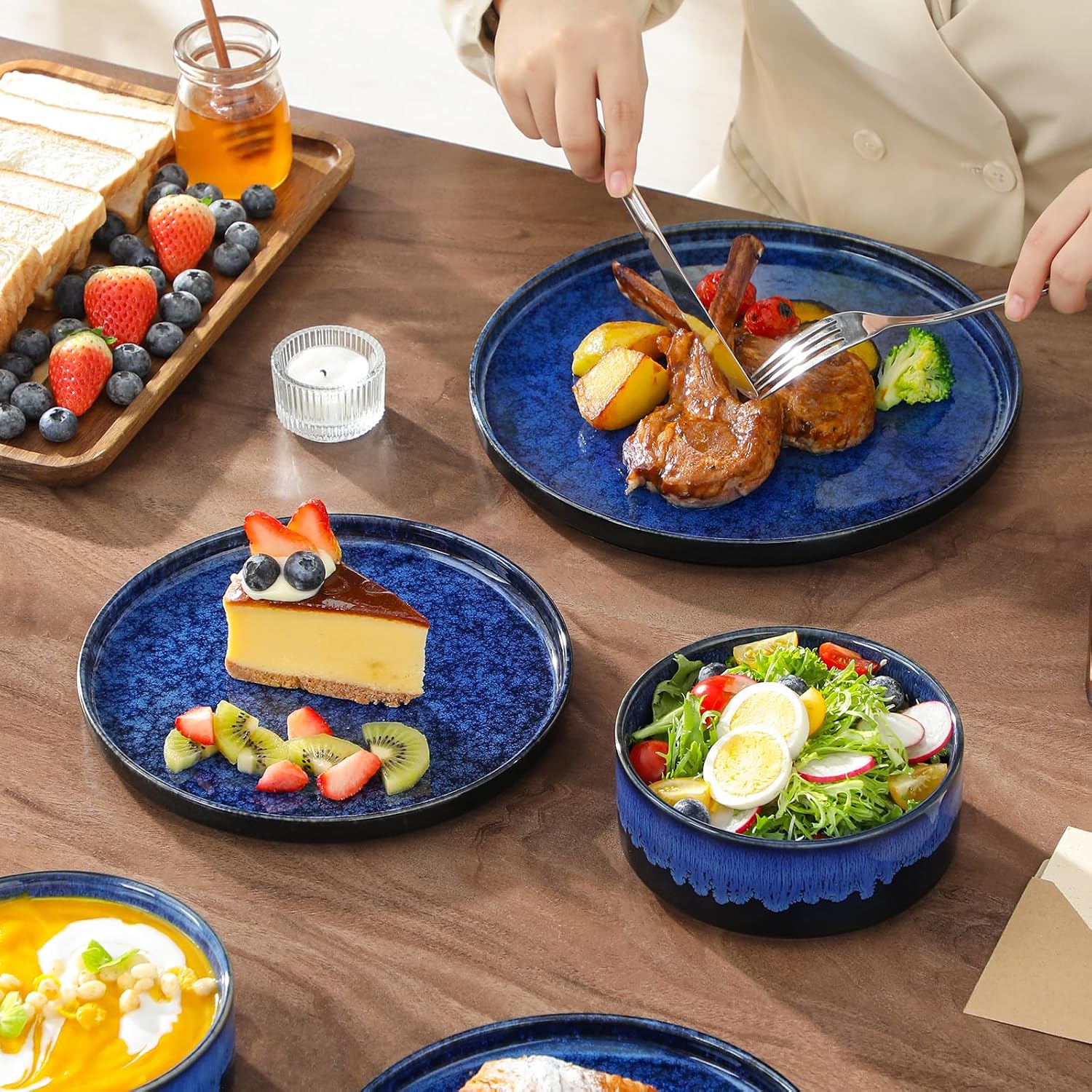 vancasso Plates and Bowls Sets for 6, 18 Pieces Blue Dinnerware Sets for Kitchen, Modern Stoneware Dishes Set, Dishwasher and Microwave Safe, Series Starry