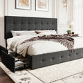 SHA CERLIN Upholstered King Size Platform Bed Frame with 4 Storage Drawers, Adjustable Headboard with Square Stitched Button Tufted Design, Wooden Slat Support, No Box Spring Needed, Dark Grey