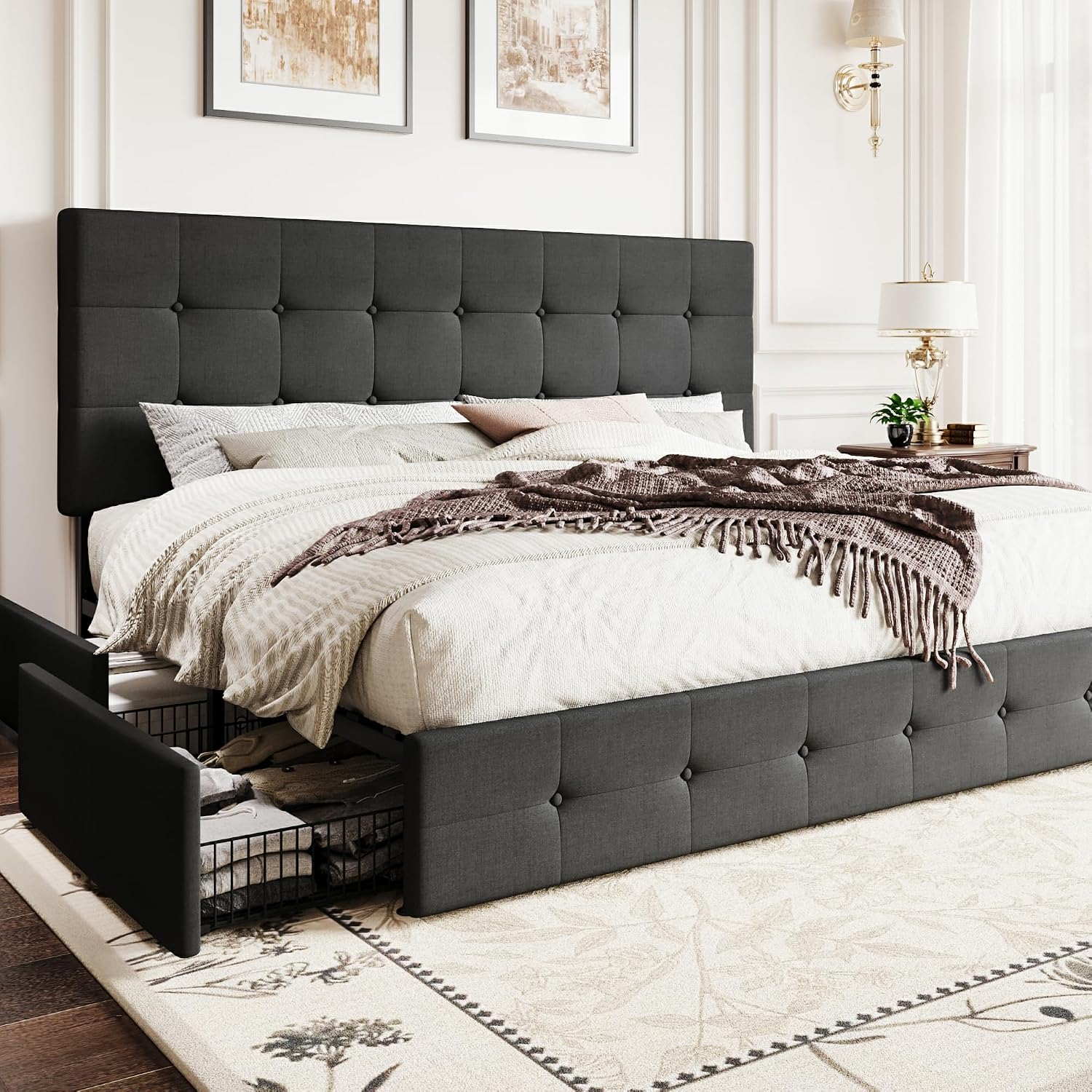 SHA CERLIN Upholstered King Size Platform Bed Frame with 4 Storage Drawers, Adjustable Headboard with Square Stitched Button Tufted Design, Wooden Slat Support, No Box Spring Needed, Dark Grey