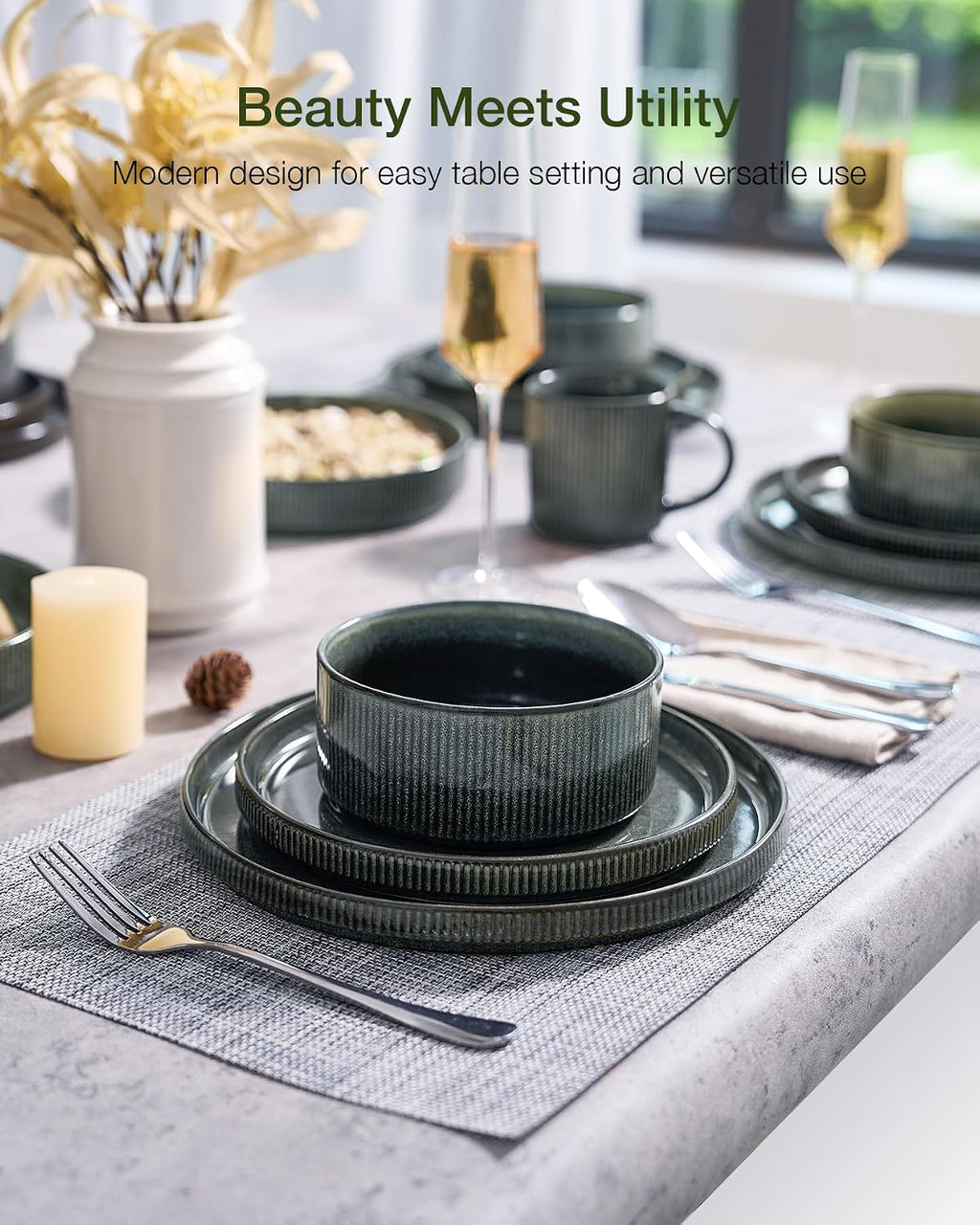 Famiware Star 16-Piece Stoneware Dinnerware Sets, Service for 4 - Shallow Pasta Bowls & Flat Plates, Modern Rustic Reactive Glaze Dishes, Chip/Scratch Resistant, Microwave/Dishwasher Safe, Deep Forest