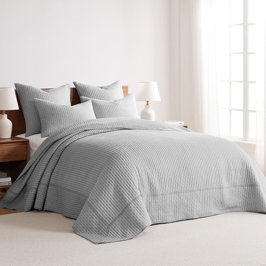 Levtex Home Cross Stitch Reversible Full Bedspread Set (100x104in) with 2 Pillow Shams (26x20in) - Stitch Texture - Light Grey - Cotton Full Size Bedspread Set - Lightweight, Soft, Pre-Washed