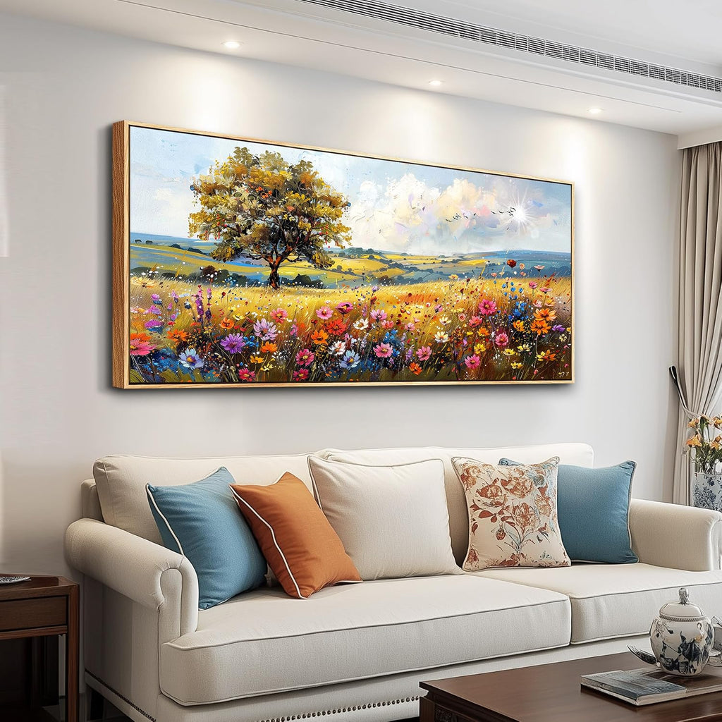 hyidecorart Large Framed Wall Art, Spring Landscape Wall Art, Nature Tree Wildflower Artwork, Colorful Scenery Rustic Painting Canvas Prints, Farmhouse Wall Decor Living Room Bedroom Picture 32x72 In
