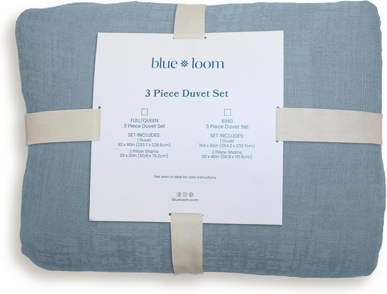 Blue Loom Duvet 100% Cotton Set, 3 Piece, Stone Washed Duvet Set Full/Queen Size 92' x 90' with 2 Matching Pillow Shams, Comforter Not Included, Vivie - Denim Blue