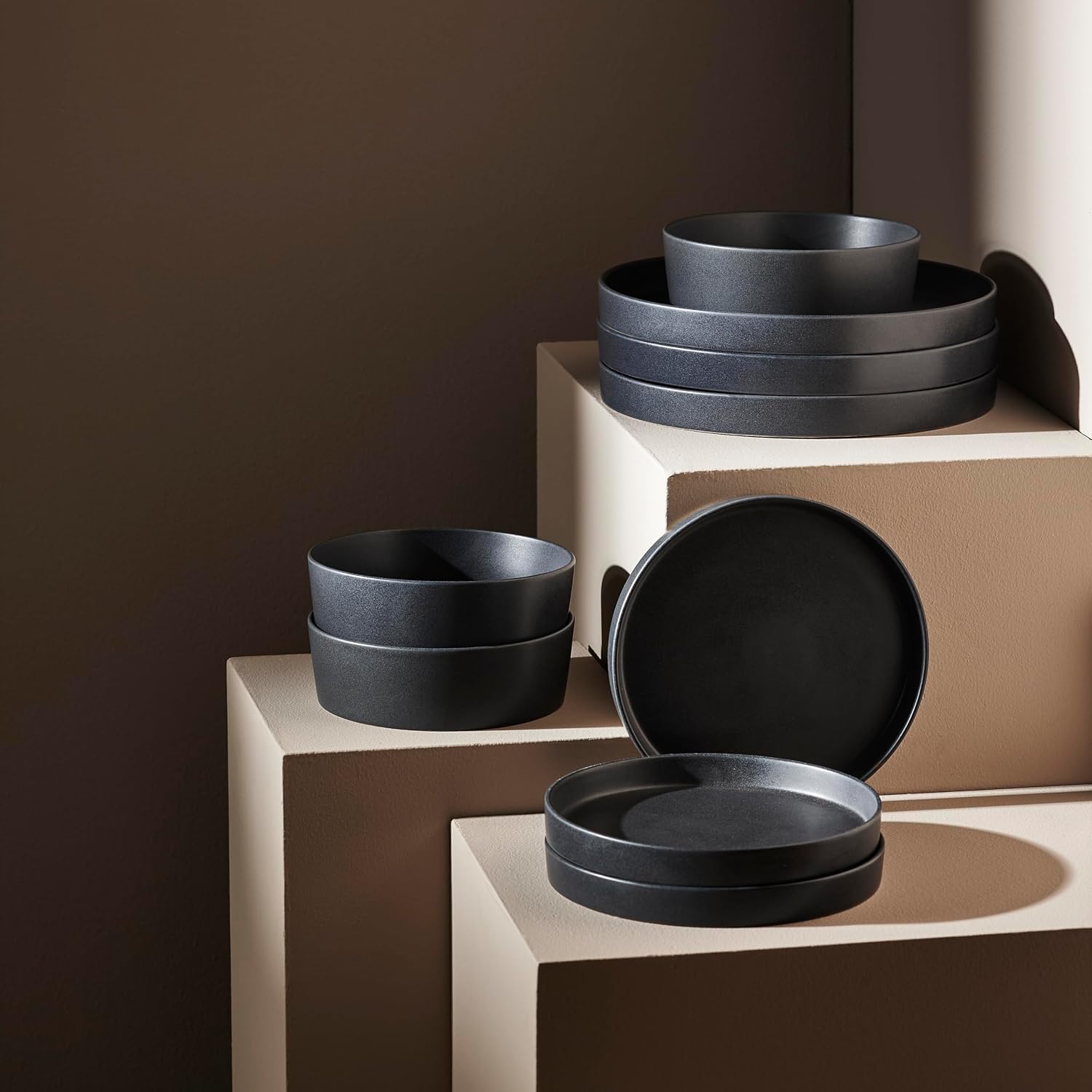 Stone by Mercer Project MODAN 24-Piece Stoneware Dinnerware Set, Plates and Bowls Sets, Dish Set for 8, Charcoal