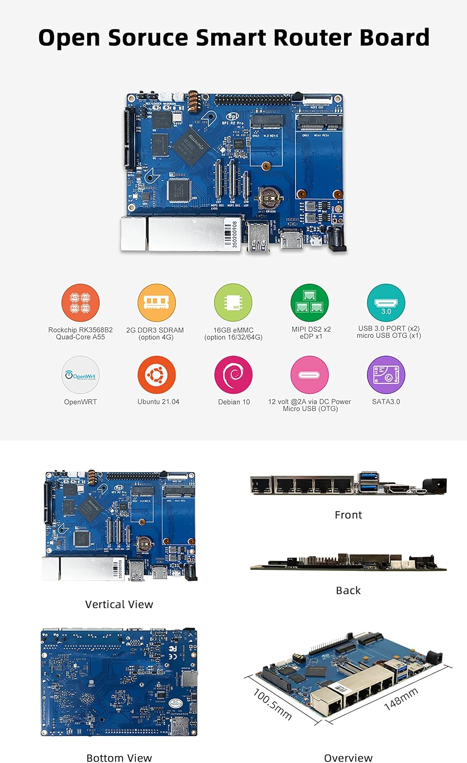 Banana Pi R2 Pro Smart WiFi Router Quad-core Cortex-A55 2GHz Dual Band Wireless Router Rockchip RK3568 with 2GB LPDDR4 +16GB eMMC Storage Support OpenWRT for NAS VPN Server