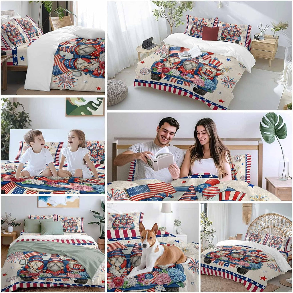 250th US Anniversary Duvet Cover Set Queen Size 4 Pieces Independence Day Gnomes Blue Truck Retro Bedding Set with Zipper Closure, 1 Comforter Cover 90x92 Inches 1 Flat Sheet & 2 Pillow Cases