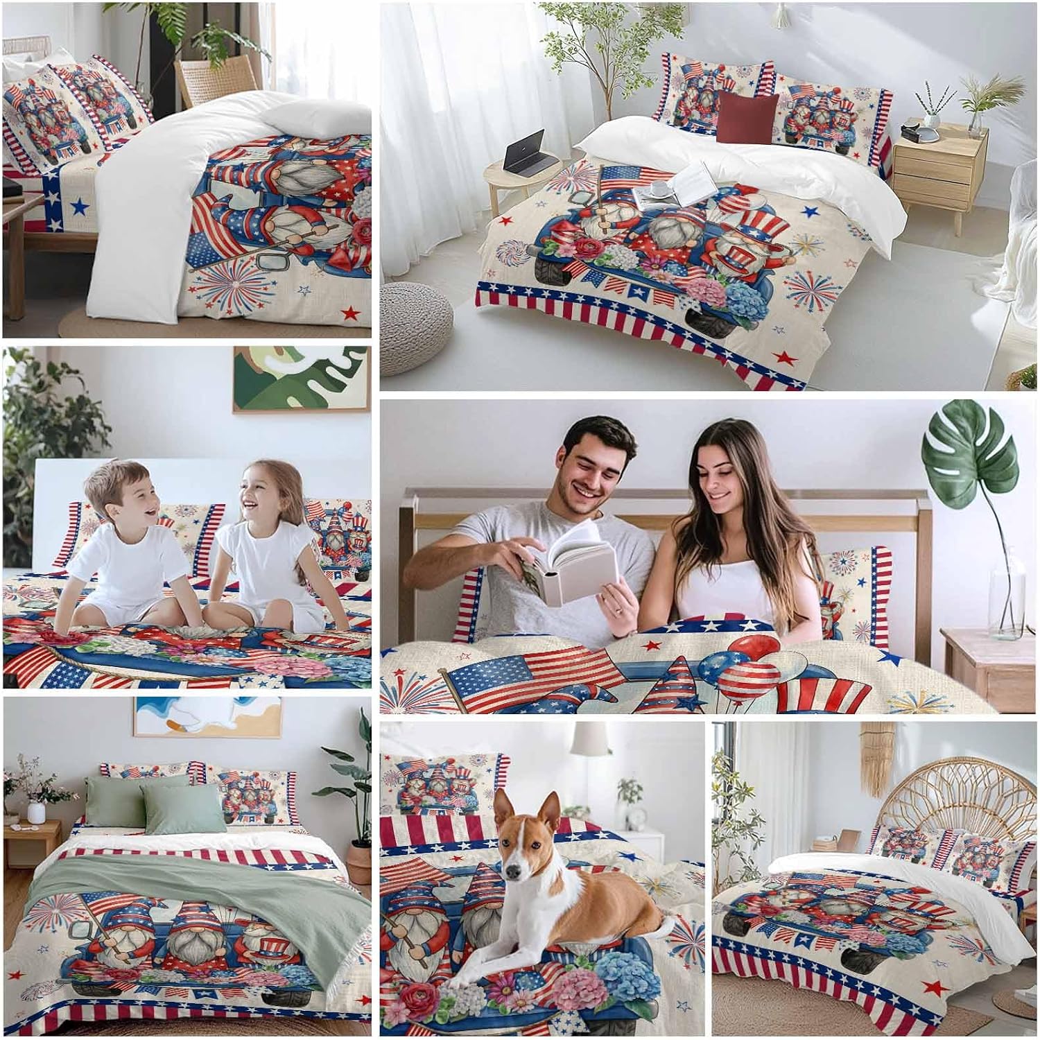 250th US Anniversary Duvet Cover Set Queen Size 4 Pieces Independence Day Gnomes Blue Truck Retro Bedding Set with Zipper Closure, 1 Comforter Cover 90x92 Inches 1 Flat Sheet & 2 Pillow Cases