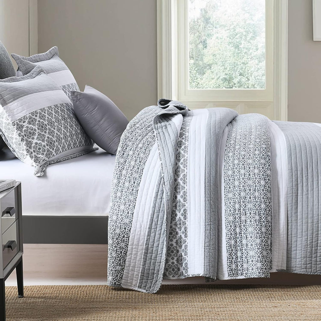 SahSahCasa Quilt King Size, King Quilt Set, 100% Cotton King Quilt Bedding Set Bedspreads, Reversible Lightweight Floral Patchwork Quilts Bedspread for King Bed, Bluish Grey, for All Season, 3-Piece
