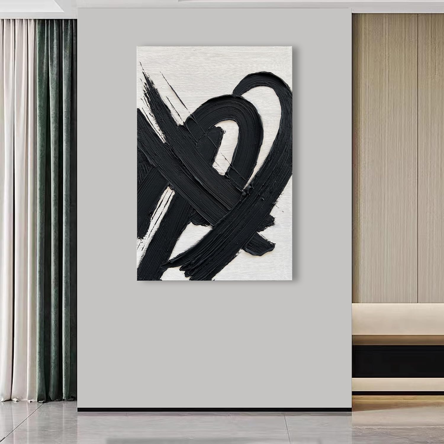 NANKAI Art Hand-Painted Black and White Textured Abstract Oil Painting Modern Minimalist Decorative Art Office Corridor Living Room Wall Decoration Size: 40x28 inches