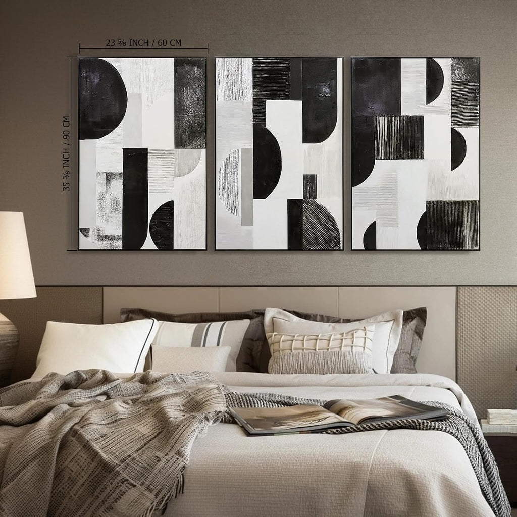 Zessonic Abstract Black White and Grey Wall Art Framed Geometry Canvas Print Modern Contemporary Edgy Blocks Artwork for Living Room, Bedroom, Office Decor - Set of 3, 24x36 Inch (Ready to Hang)