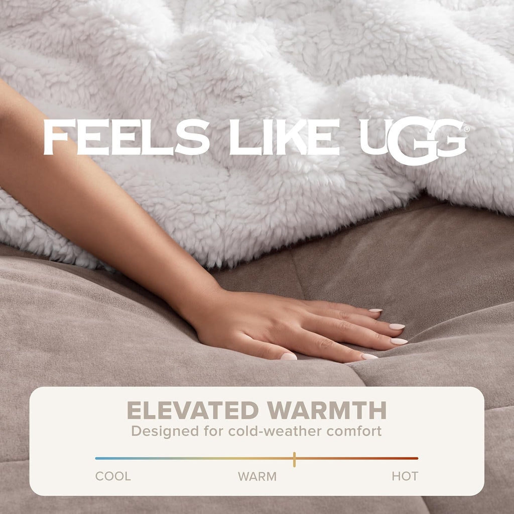 UGG Blissful Queen Comforter Set with 2 Pillow Shams, Reversible Fluffy Bed Comforter, Ultra Warm Winter Bed Set, Down Alternative Bedding, Full/Queen Size, Light Brown Fawn