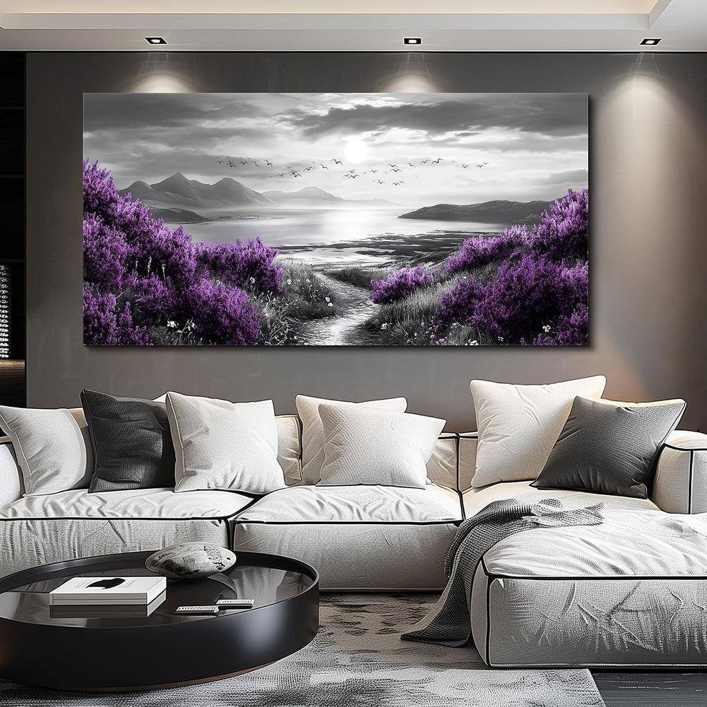 FUHAIHUA Canvas Wall Decor for Office Large Wall Art for Living Room Modern Bedroom Wall Decoration Purple Flowers Landscape Pictures Black and White Scenery Paintings Artwork Aesthetic Home Decor