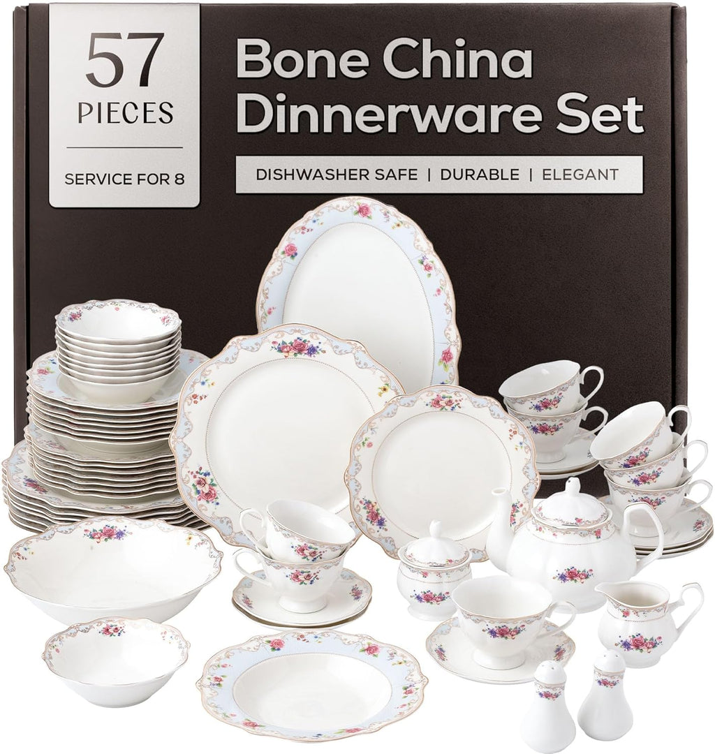 Joseph Sedgh Collection 'Romantic Bloom' 57-Piece Bone China Dinnerware Set, Service for 8, Floral with Blue and Gold Trim