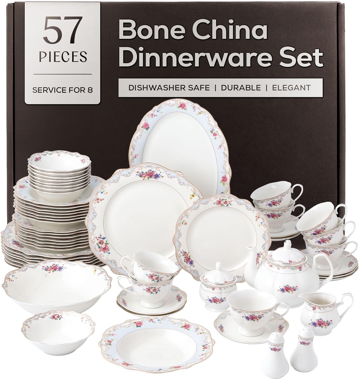 Joseph Sedgh Collection 'Romantic Bloom' 57-Piece Bone China Dinnerware Set, Service for 8, Floral with Blue and Gold Trim