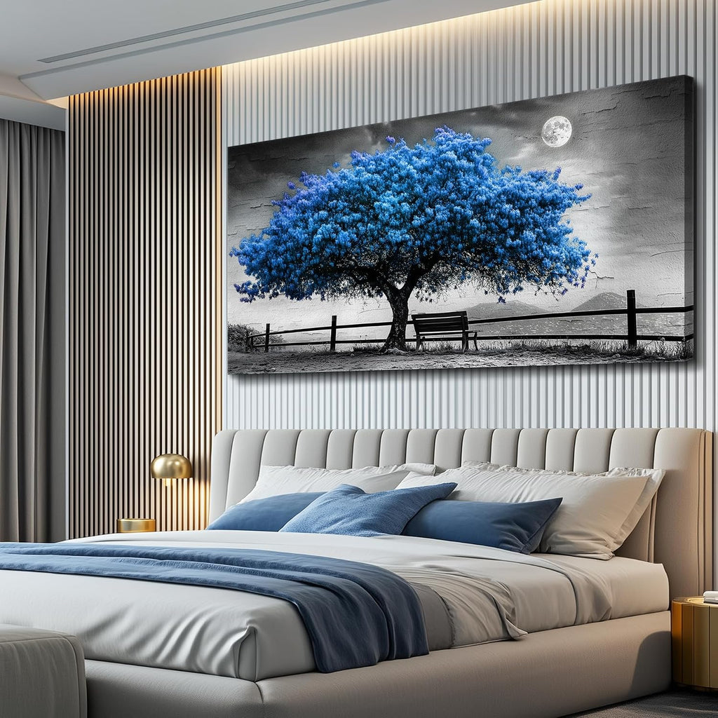 FUHAIHUA Canvas Wall Art For Living Room Large Wall Decor For Office Bedroom Decorations Black And White Landscape Pictures Blue Tree Painting Artwork Room Wall Mural Aesthetic Home Decor 30x60 In
