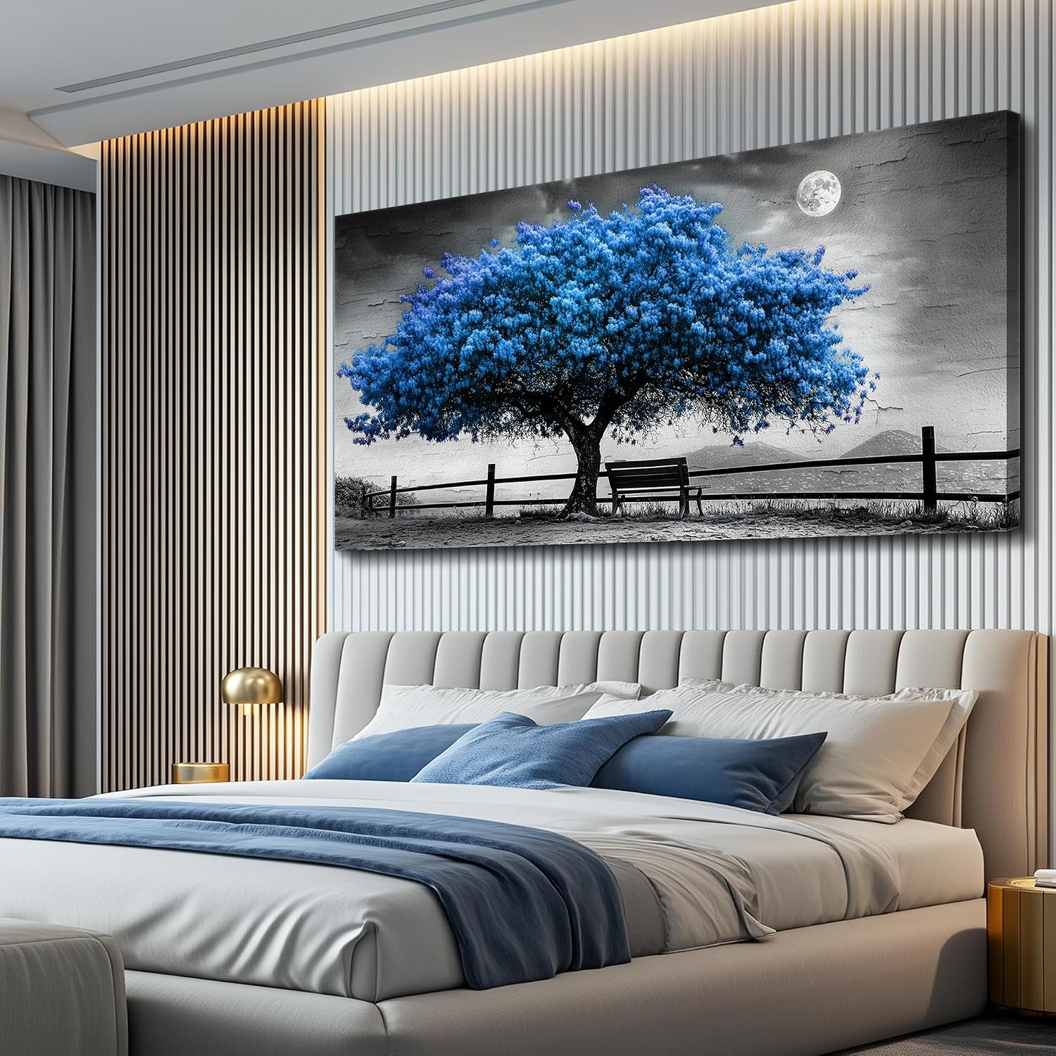 FUHAIHUA Canvas Wall Art For Living Room Large Wall Decor For Office Bedroom Decorations Black And White Landscape Pictures Blue Tree Painting Artwork Room Wall Mural Aesthetic Home Decor 30x60 In
