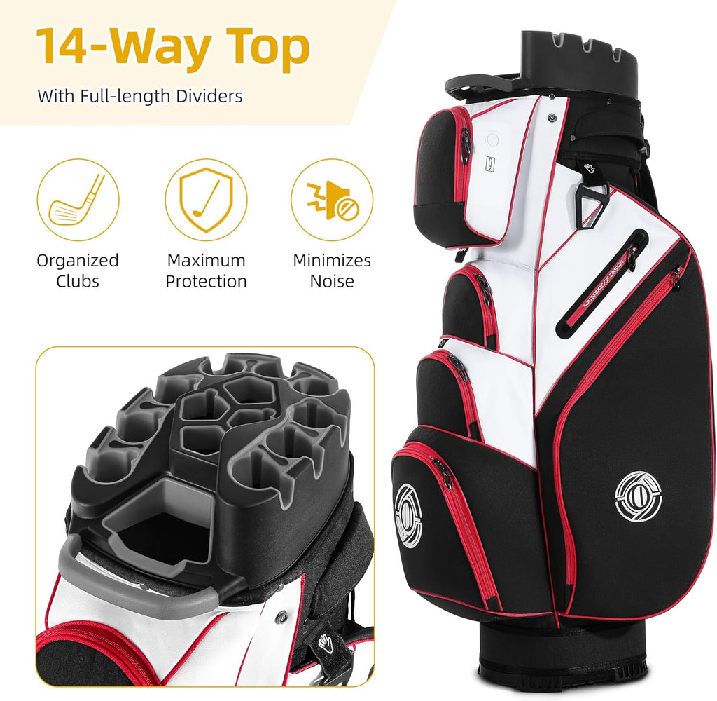 Shopsource Golf Cart Bag, 14 Way Molded Lock Top Club Bag with Full-Length Dividers, Upgrade 900D Oxford Silence Cart Bags for Men with Handles Ergonomic Strap, Stable Base