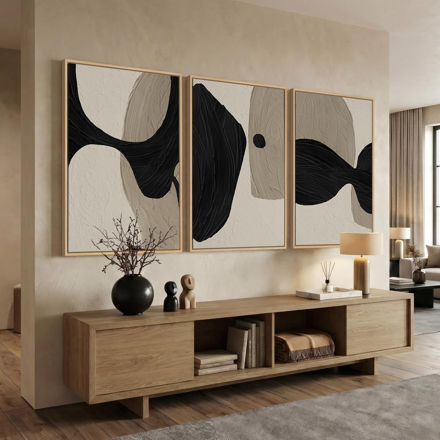 Large Framed Neutral Abstract Wall Art for Living Room, 3 Piece Black and Beige Canvas Artwork for Walls, Abstract Modern Minimalist Painting Prints Wall Decor for Hallway Dining Room Office, 24x36 In