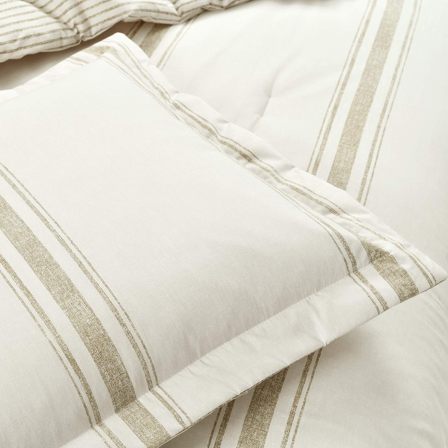 Lush Decor Farmhouse Stripe Reversible Cotton Comforter Set, 3 Piece Set, Full/ Queen, Neutral - Cozy Farmhouse Bedding Set - Rustic Decor - Striped Comforter - Modern Farmhouse Bedroom Decor