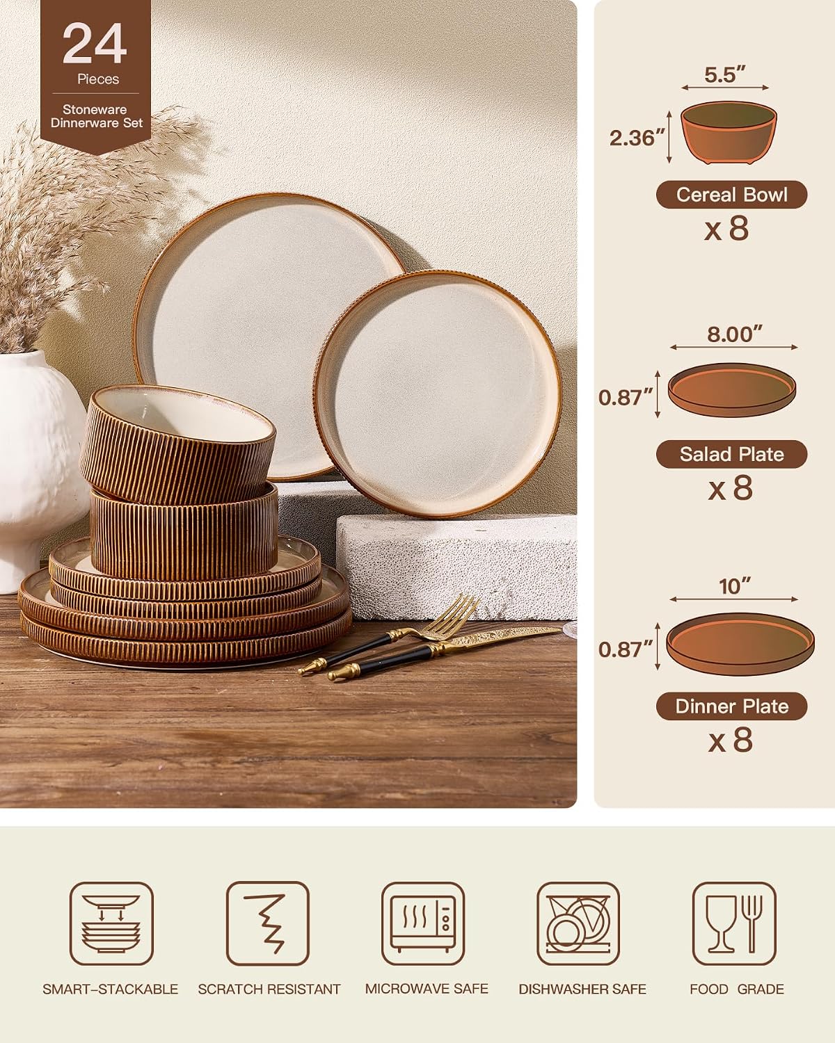 24-Piece Dinnerware Set Service for 8, Famiware Premium Stoneware Dish Set with Ribbed Plates and Deep Bowls, Double Reactive Glaze, Chip & Scratch Resistant, Microwave & Dishwasher Safe, Cream Cocoa