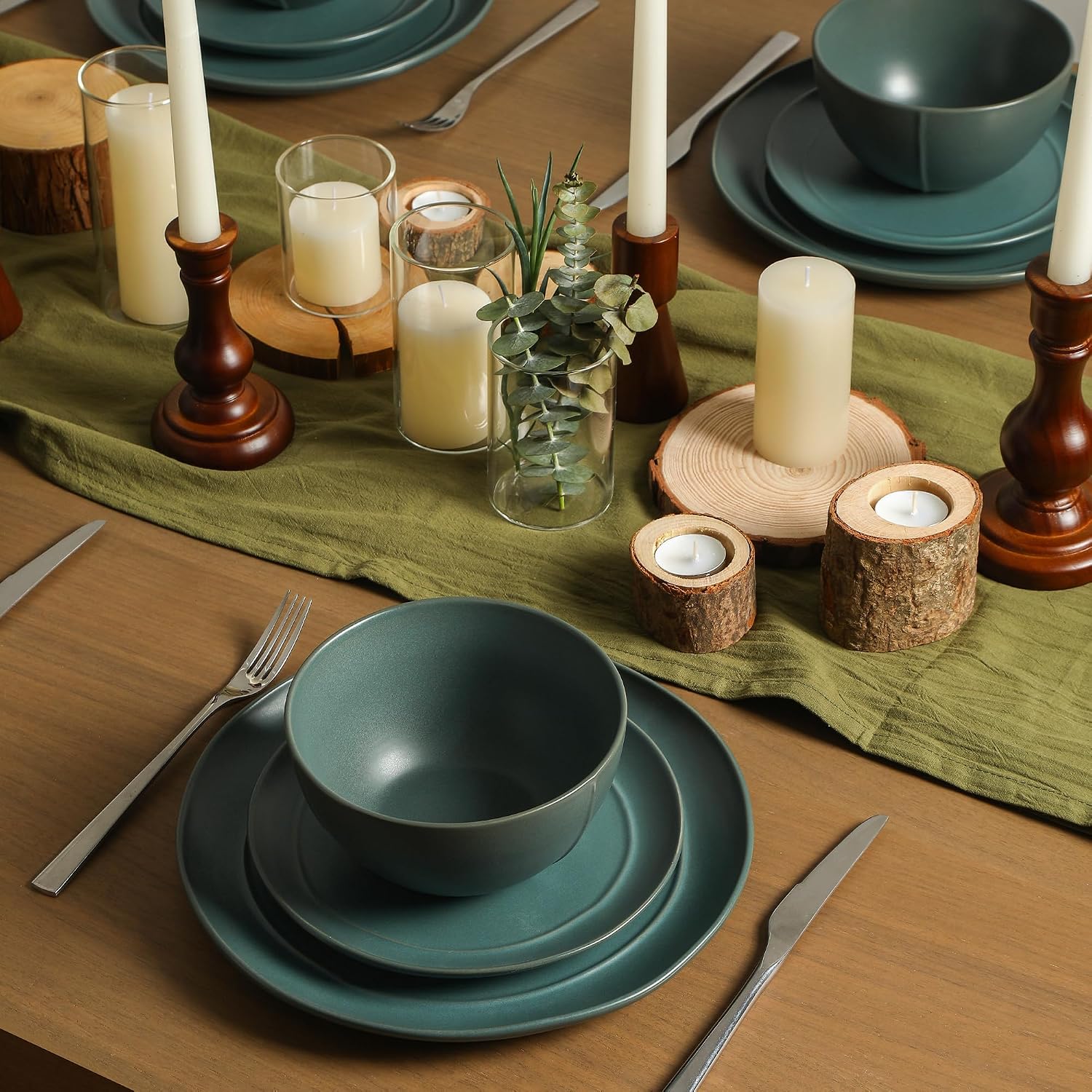 Stone Lain Infinity 24-Piece Dinnerware Set Stoneware, Plates and Bowls Set, Dishwasher and Microwave Safe, Dish Set for 8, Green