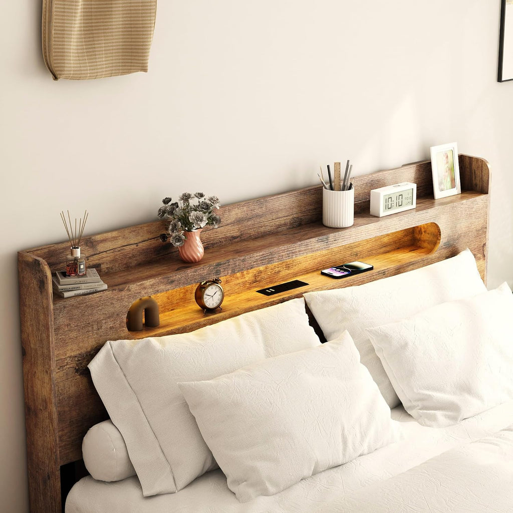 Bellemave Rustic Vintage King Size Bed Frame with Storage Headboard and Charging Station,Wooden Platform Bed Frame King Size with LED Lights and Wood Slats,Easy Assembly,Dark Brown