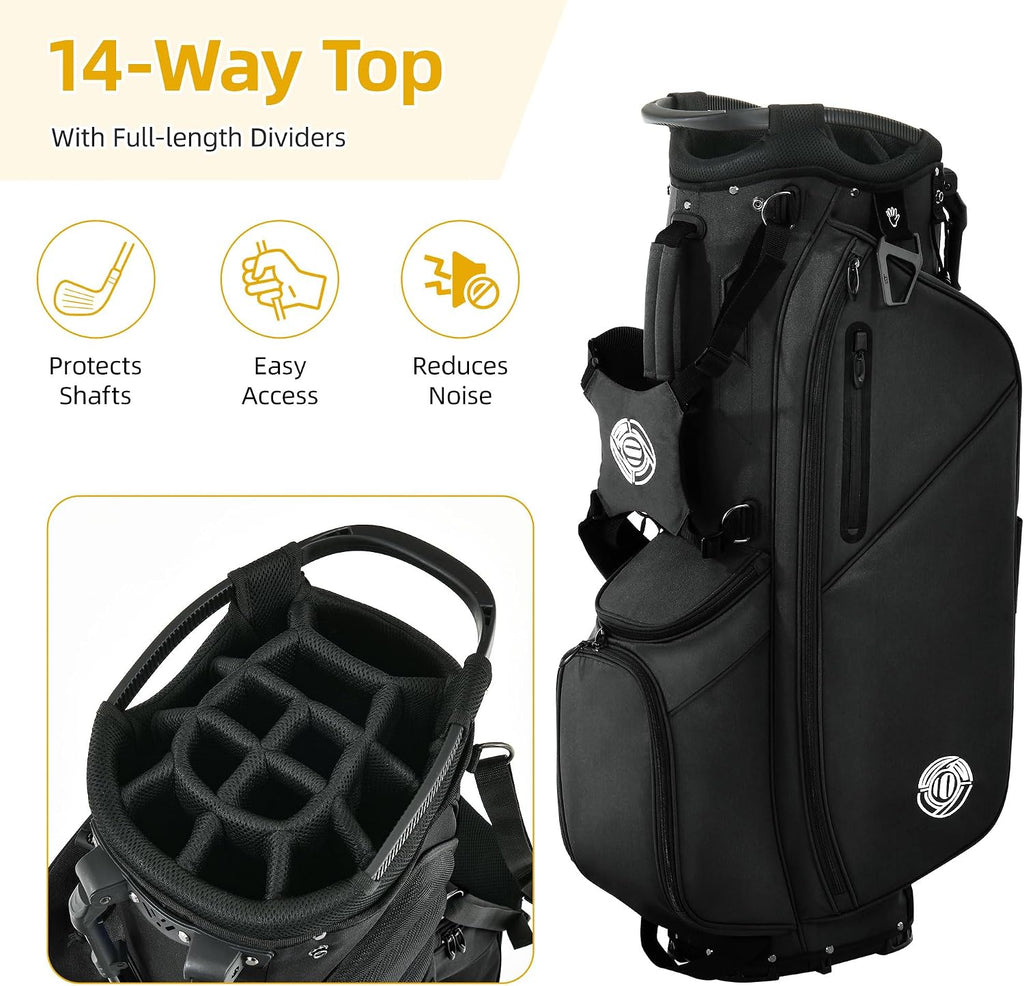 Golf Stand Bag 14 Way, Lightweight Golf Bags for Men Women with Stand, Padded Ergonomic Double Strap, Full Length Dividers, Multiple Pockets, Rain Hood